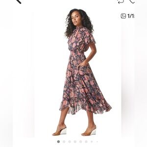 Misa Los Angeles Navy Midi Dress with Pink Floral Print